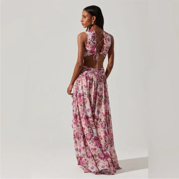 New ASTR Noya Peony Pink Floral Print Cutout Lace Up Maxi Dress Medium  Large XL